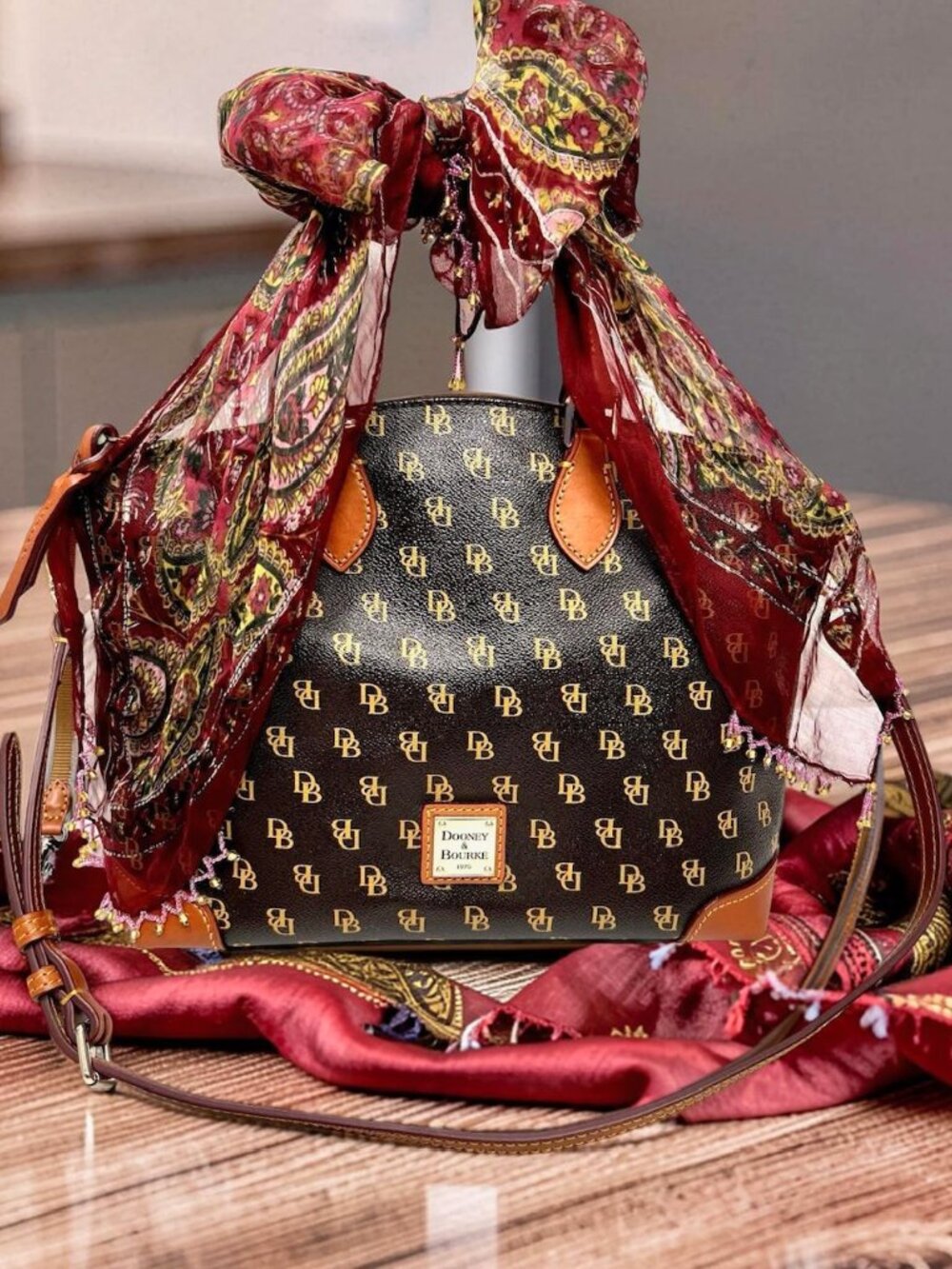Dooney Bourke Dark Brown T’Moro DB  Blakely Gretta Satchel Large Bag +Scarf(1)